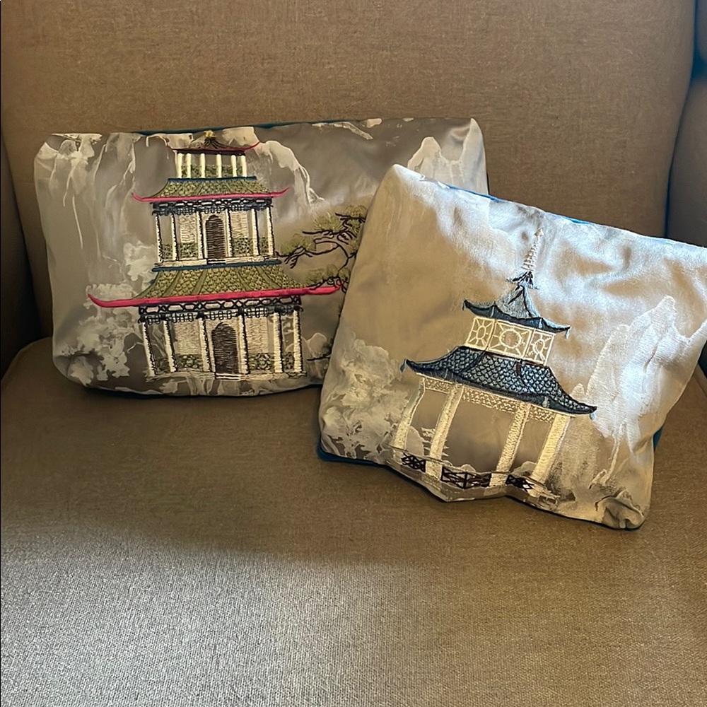Pair of Elegant Asian-Inspired Silk Pillows